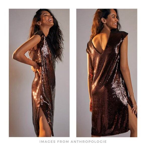 ANTHROPOLIGIE Maeve Kara brown sequin shift cocktail dress size Medium NWT